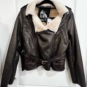 G.E.T. NEW Faux Leather & Shearling Moto Biker Jacket Coat Brown Women’s Size L